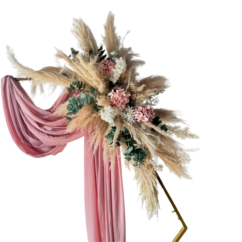Arche de décoration OR avec composition florale artificielle et drapé rose 2m - 16825
